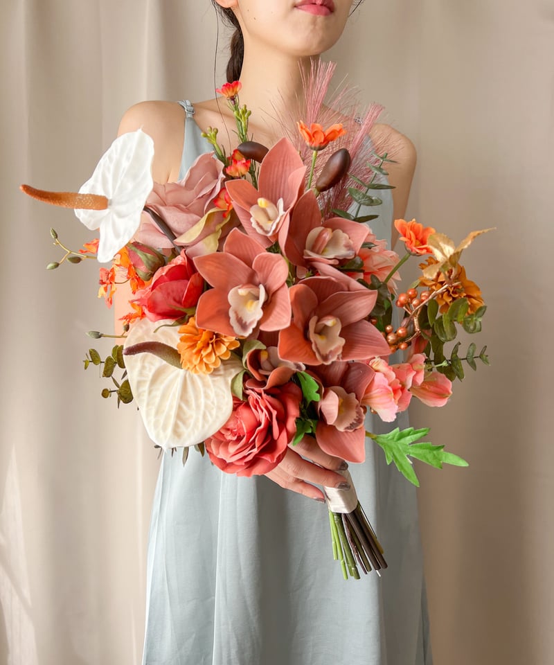 オレンジ・ピンクのブーケとブートニアセット イエロー×オレンジ