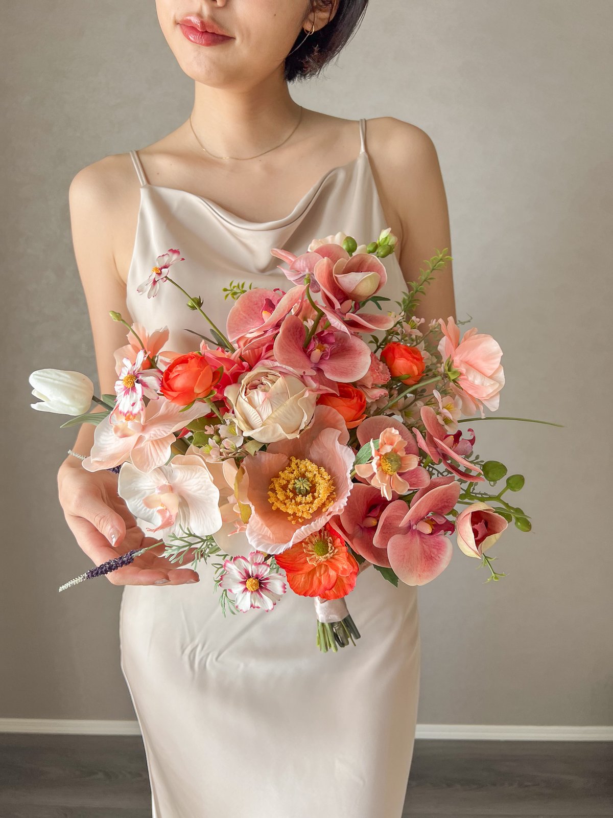 レッド　サーモン　ピンク　チューリップ　ウェディングブーケ　造花 結婚式 フレッシュサーモンピンクなブーケ| 造花ブーケ ウェディングブーケ お