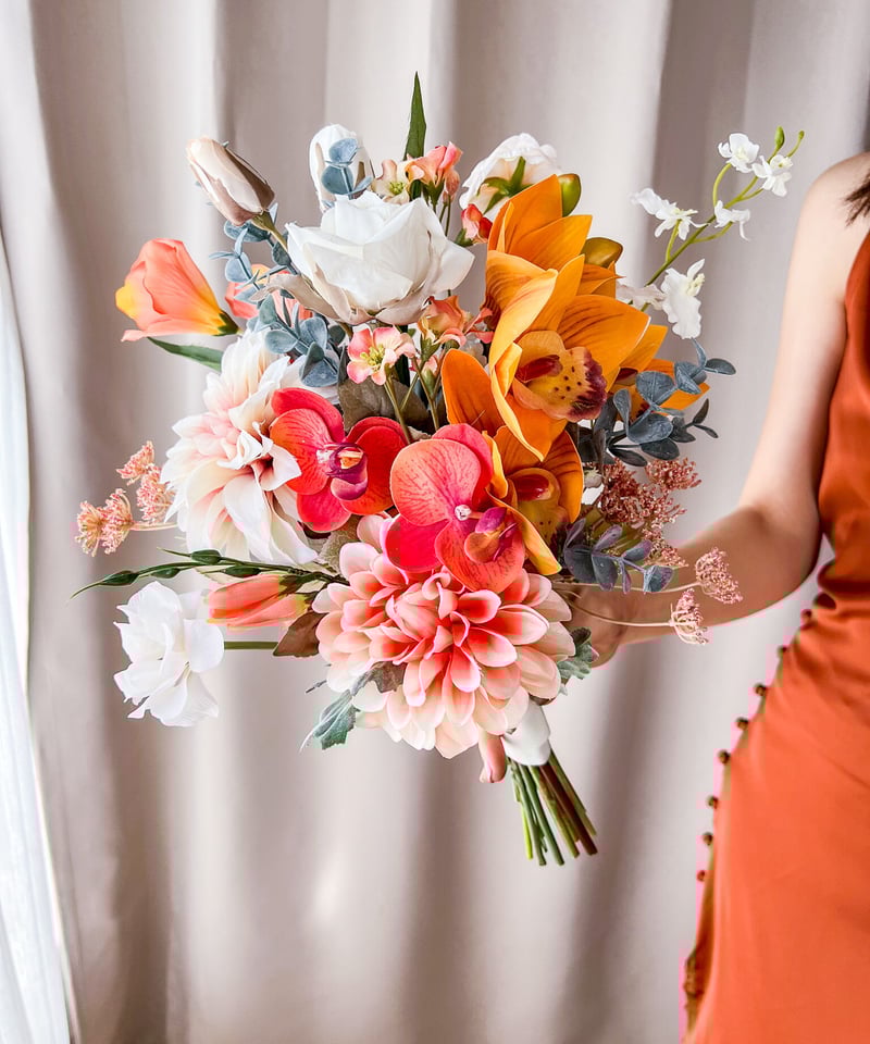 造花ブーケ ピンクオレンジ白 ウェディングブーケ オレンジ ピンク 白