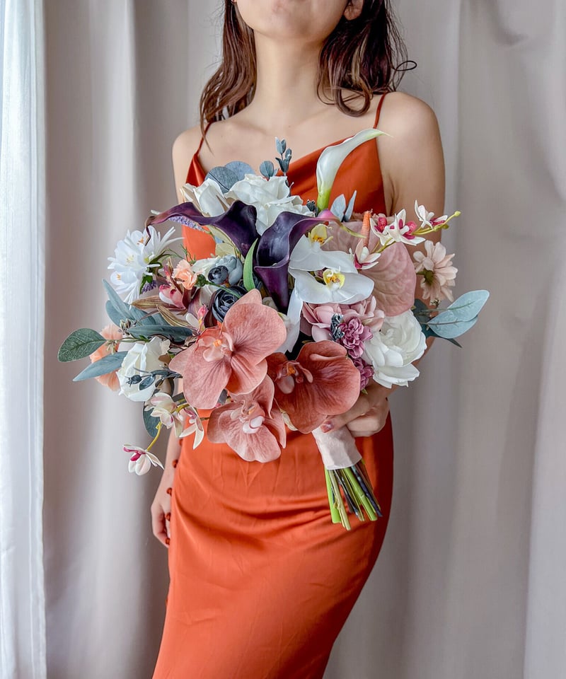 ピーチオレンジとくすみピンクの大人可愛いブーケ ウェディングブーケ