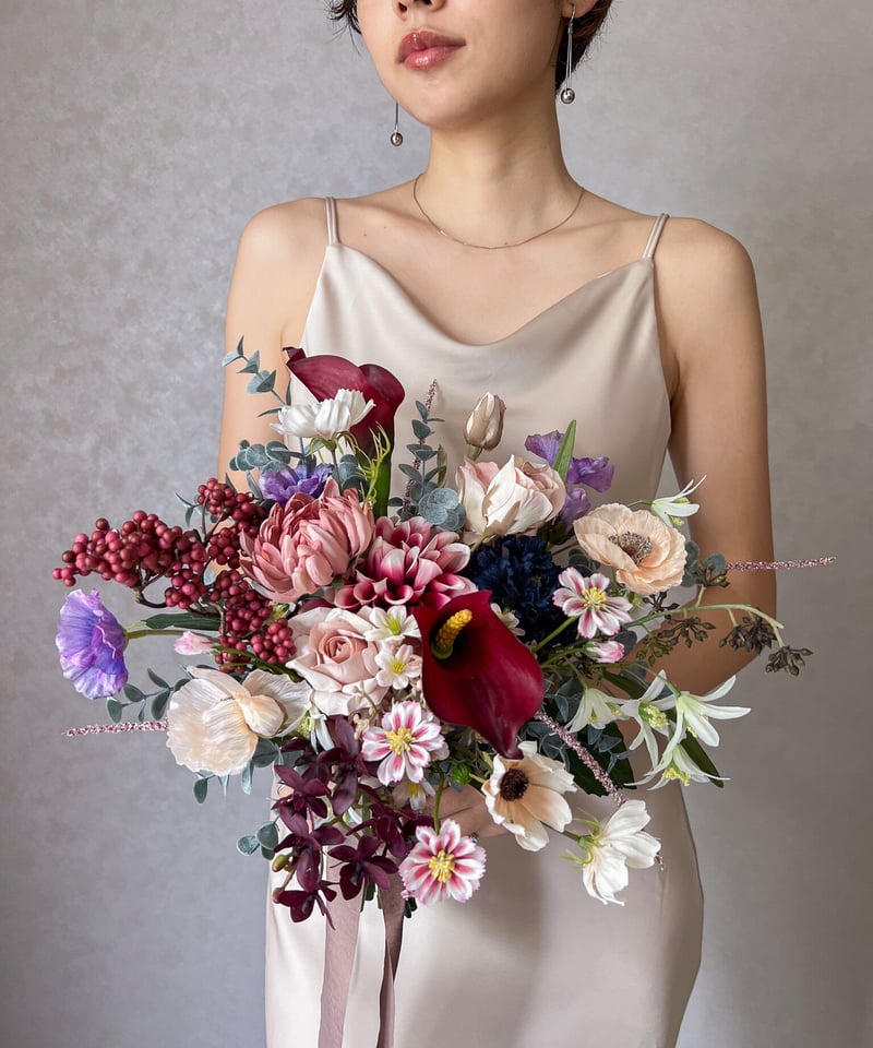 ボルドーバードなブーケ | 造花ブーケ ウェディングブーケ 前撮り