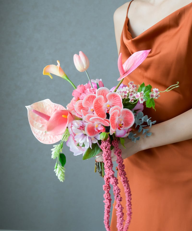 sale　ウェディングブーケ　造花　アンスリウム　チューリップ　ピンク　オレンジ sale ウェディングブーケ 造花 アンスリウム チューリップ ピンク