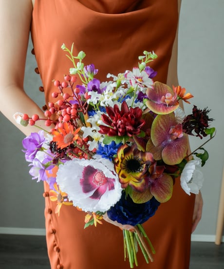【即納】オータムミックスブーケ | 造花ブーケ　ウェディングブーケ　持ち込みブーケ　アーティシャルフラワー　ダークカラー　オレンジ コチョウラン　大人　高級造花　秋色　アネモネ　ポピー