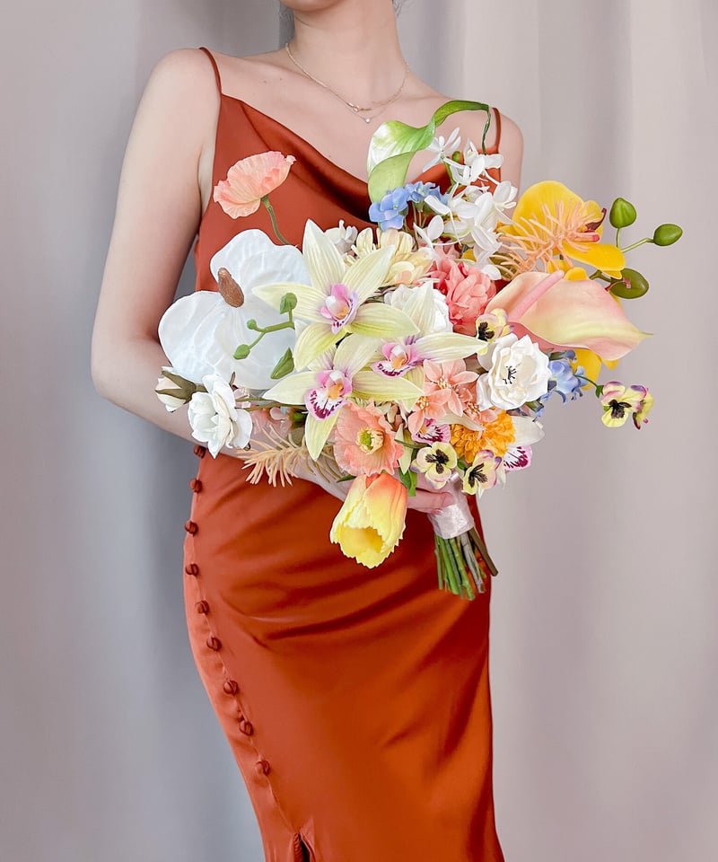 【最終値下げ】アーティシャルフラワーブーケ カラードレスブーケ クラッチブーケ エアリーイエローのブーケ| 造花ブーケ ウェディングブーケ アーティ