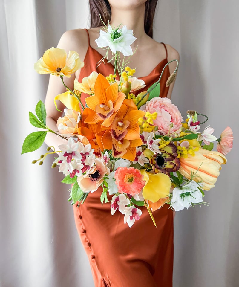 2点セット ウェディングブーケ高級花 秋冬 オレンジ花アーティ