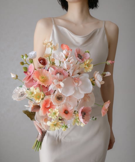 【受注生産】スプリングフレッシュのブーケ | 造花ブーケ　ウェディングブーケ　持ち込みブーケ　アーティシャルフラワー　ピンク　オレンジ コチョウラン　かわいい ナチュラル　高級造花　おしゃれ
