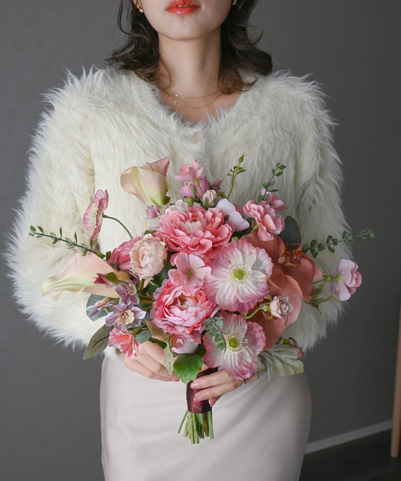 受注生産】ポピーとダリアのブーケ ｜ くすみピンク 造花ブーケ