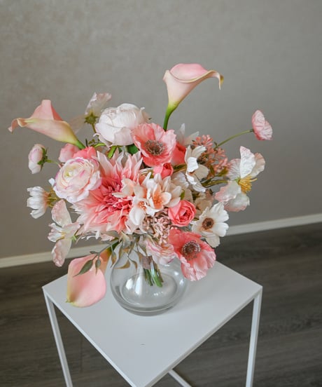 【即納】アップルピンクのブーケ　春婚　造花ブーケ　ウェディングブーケ　和装ブーケ　持ち込みブーケ　アーティシャルフラワー　ピンク　チューリップ　ポピー　胡蝶蘭