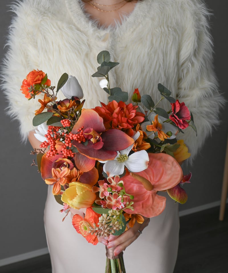 オレンジダリアとユーカリのブーケ ｜ リゾート 南国 造花ブーケ