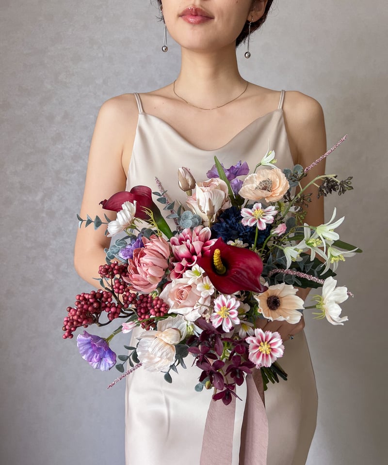 ボルドーバードなブーケ | 造花ブーケ ウェディングブーケ 前撮り