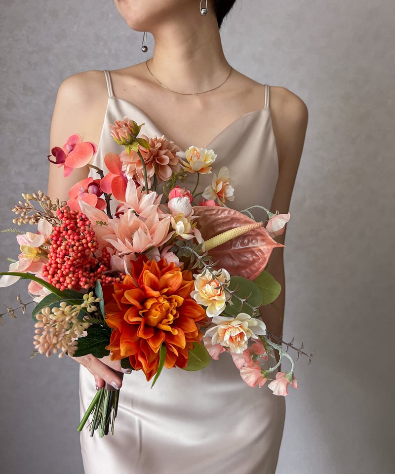 アーティシャルフラワー 造花アレンジメント オレンジ 赤 紫 秋のアーティフィシャルフラワーアレンジメント】 秋色を籠