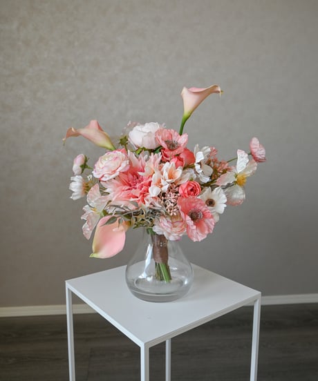 【即納】アップルピンクのブーケ　春婚　造花ブーケ　ウェディングブーケ　和装ブーケ　持ち込みブーケ　アーティシャルフラワー　ピンク　チューリップ　ポピー　胡蝶蘭