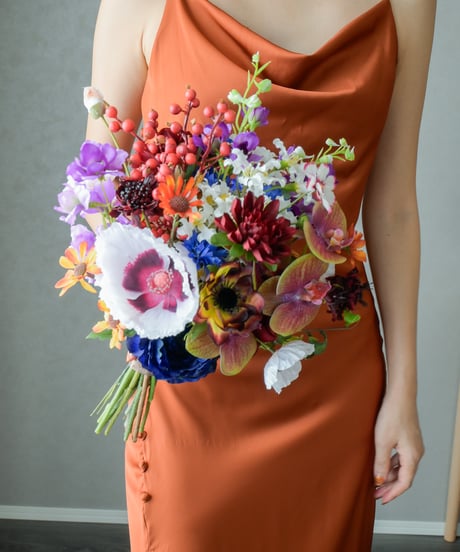 【即納】オータムミックスブーケ | 造花ブーケ　ウェディングブーケ　持ち込みブーケ　アーティシャルフラワー　ダークカラー　オレンジ コチョウラン　大人　高級造花　秋色　アネモネ　ポピー