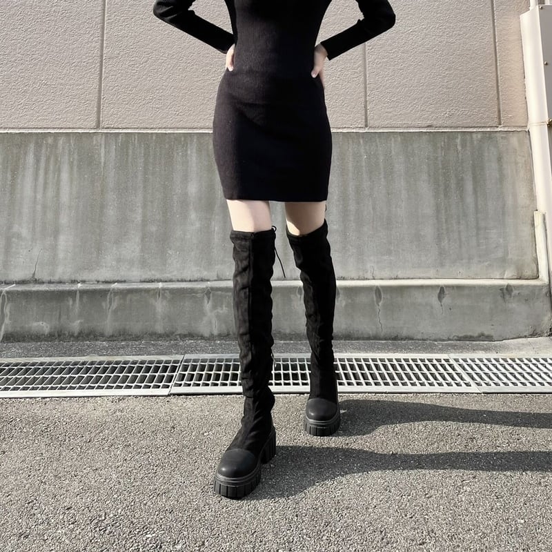 新品　ブラック ニーハイブーツ 厚底ソール 厚底ソール美脚スリムフィットニーハイブーツ 【大きいサイズ有