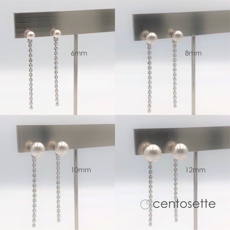 クリスタルチェーンとサイズ選べるクリスタルパールの3WAYピアス1連/サージカルステンレスピアスへ金具変更可・イヤリング金具変更可