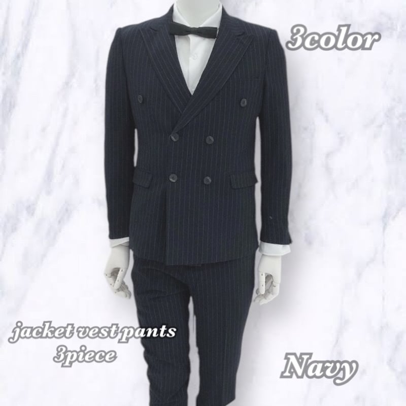 スリーピース ダブルデザインスーツ S 厚手 ブラック ピンストライプ スリーピース ダブルデザインスーツ S 厚手 ブラック ピン