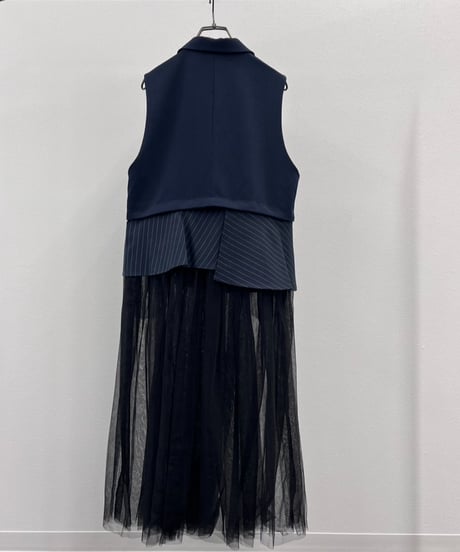 【R2503ｰLCG868】 Long tulle tailored collar gilet (1740973)