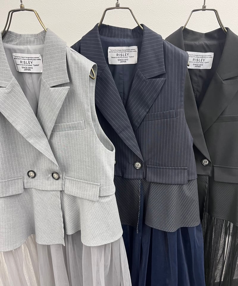 R2601ｰLCG936】 Long tulle tailored collar gilet