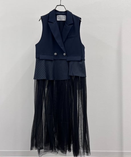 【R2503ｰLCG868】 Long tulle tailored collar gilet (1740973)