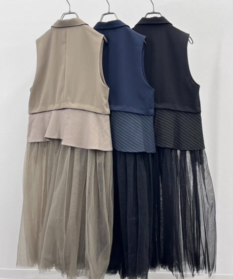 【R2503ｰLCG868】 Long tulle tailored collar gilet (1740973)