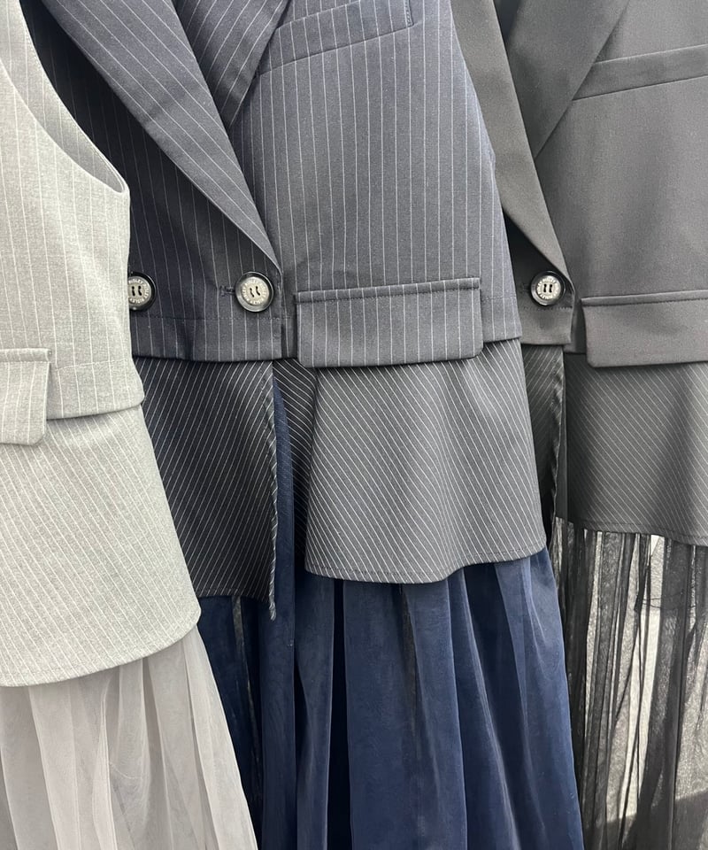 R2601ｰLCG936】 Long tulle tailored collar gilet