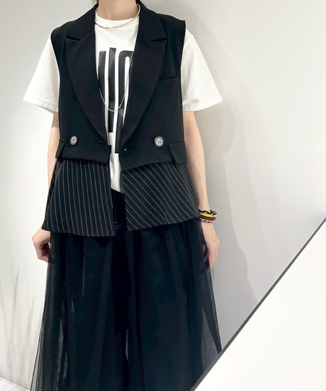 【R2503ｰLCG868】 Long tulle tailored collar gilet (1740973)