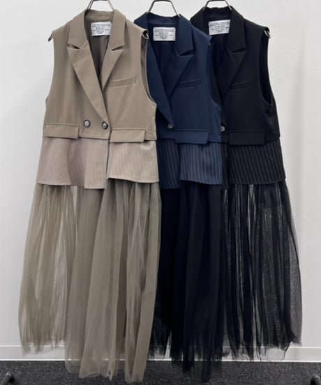 【R2503ｰLCG868】 Long tulle tailored collar gilet (1740973)