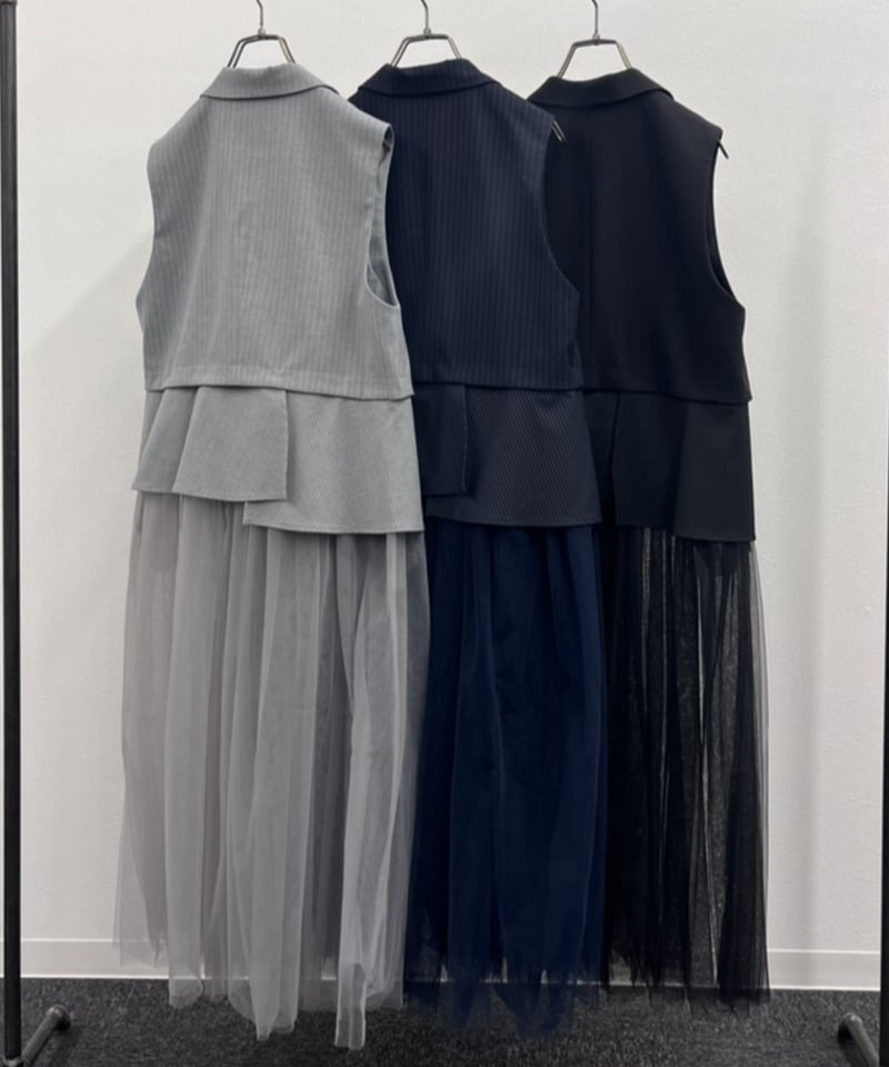 R2601ｰLCG936】 Long tulle tailored collar gilet