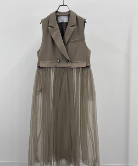 【R2503ｰLCG868】 Long tulle tailored collar gilet (1740973)