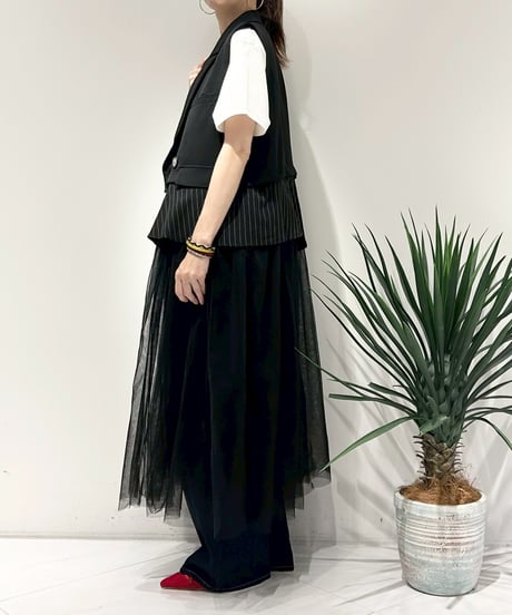 【R2503ｰLCG868】 Long tulle tailored collar gilet (1740973)