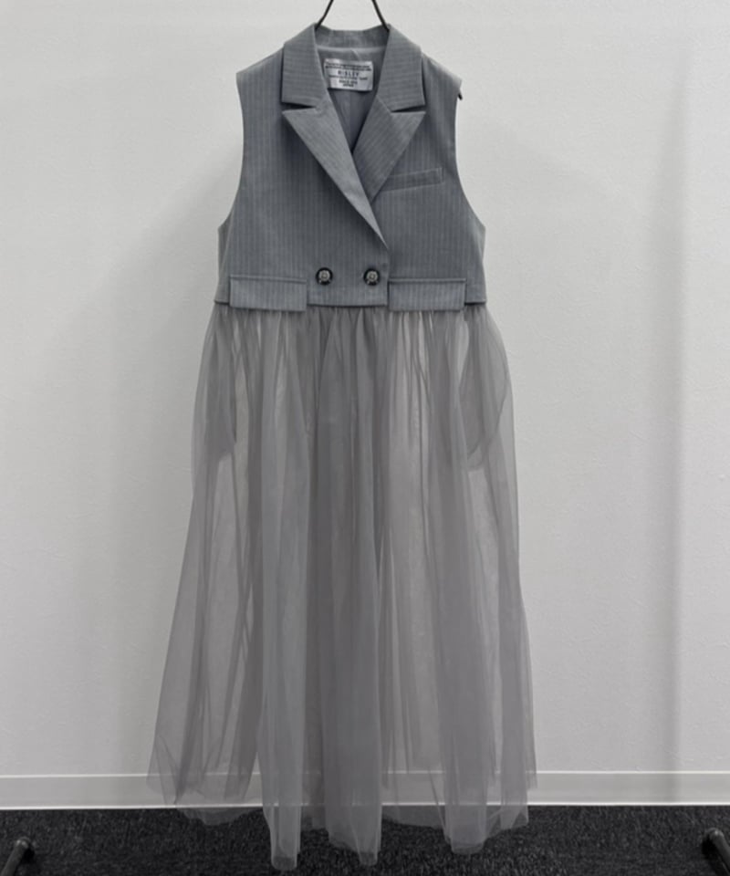R2601ｰLCG936】 Long tulle tailored collar gilet