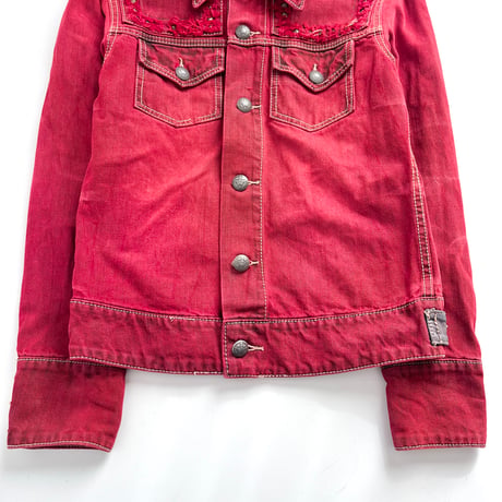 red fringe×studs washed denim jacket