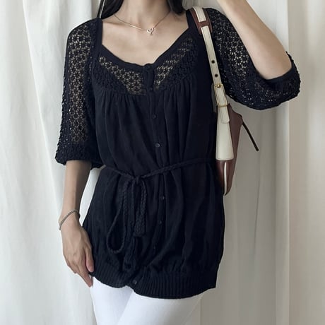 navy crochet sleeve designed tops