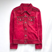 red fringe×studs washed denim jacket