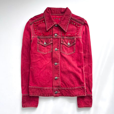 red fringe×studs washed denim jacket