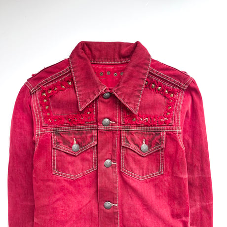 red fringe×studs washed denim jacket