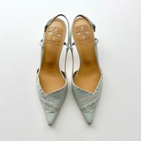 blue lace up pointed toe mule