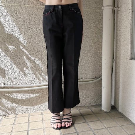 pink stitch fringe denim pants