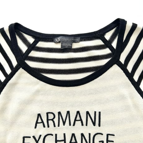ARMANI black×ivory logo striped knit tops