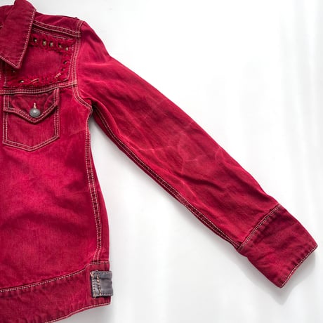 red fringe×studs washed denim jacket