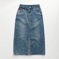 front slit blue denim midi skirt