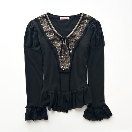 black sequins ribbon frill blouse