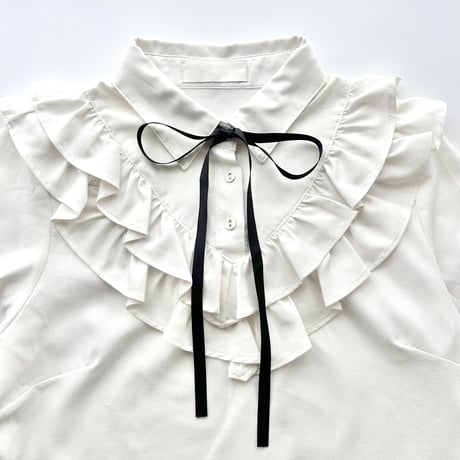 white black ribbon frill blouse shirt