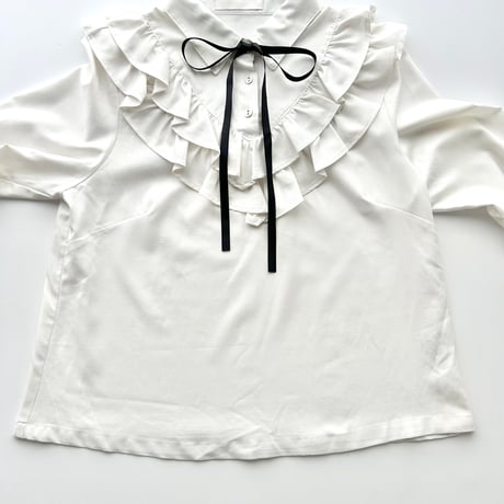 white black ribbon frill blouse shirt