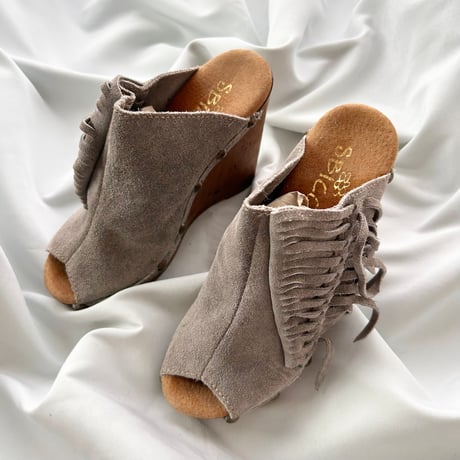 greige suede fringe mule 23.5cm