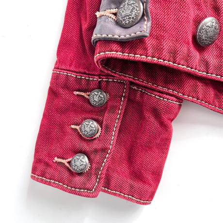 red fringe×studs washed denim jacket