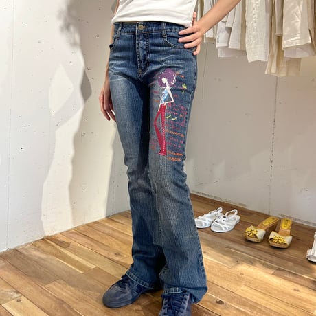 printed flare denim pants