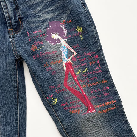 printed flare denim pants