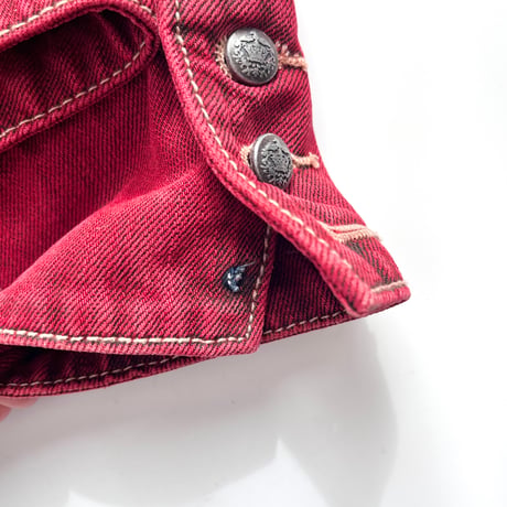 red fringe×studs washed denim jacket