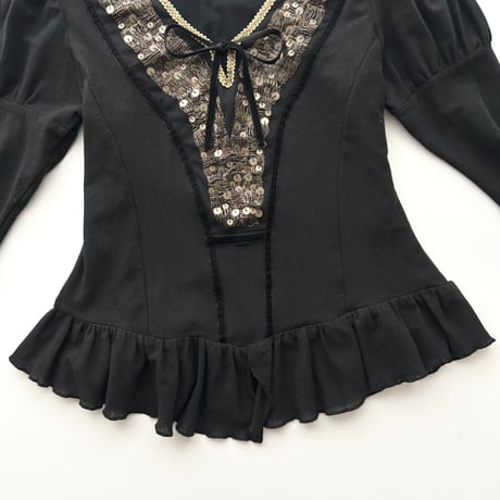 black sequins ribbon frill blouse